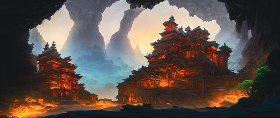 Artistic concept painting of an ancient temple, background illustration.