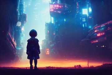 silhouette of a child standing in the street of a futuristic city, urban background, digital illustration, serious digital painting