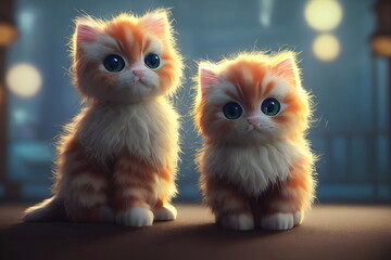 Fototapeta premium adorable fluffy kitten standing on the ground, cute face, big eyes, cat background, 3d illustration, 3d render