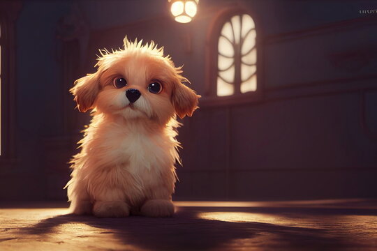 adorable fluffy puppy standing on the ground, cute face, big eyes, dog background, 3d illustration, 3d render