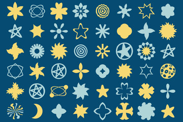 Modern bold brutalist sun and stars silhouettes collection. Constructor of futuristic geometric figures. Minimalist vector illustration.