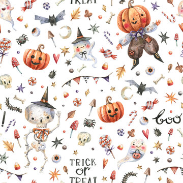 Skeleton, pumpkin head, ghosts, bones, skulls, mushrooms, halloween sweets seamless pattern on gray background. Halloween seamless background in cartoon style for fabrics, wrapping paper, decor.