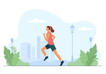 Woman runs in the park. Sportswoman running outdoors. Sports training, active recreation, healthy lifestyle. Vector illustration