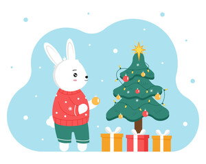Rabbit or hare in a home outfit decorates the Christmas tree with toys and a garland. Cute rabbit celebrates winter holidays and Christmas. Vector illustration