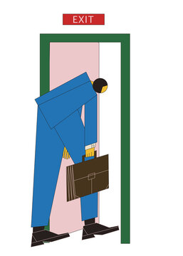 Young light skin worker fired crossing the business exit door. Loosing job concept essentials.