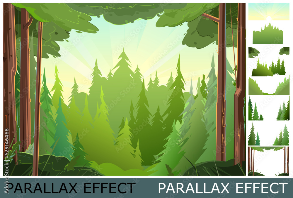 Wall mural view of thick taiga. image from layers for overlay with parallax effect. beautiful pine forest. wild