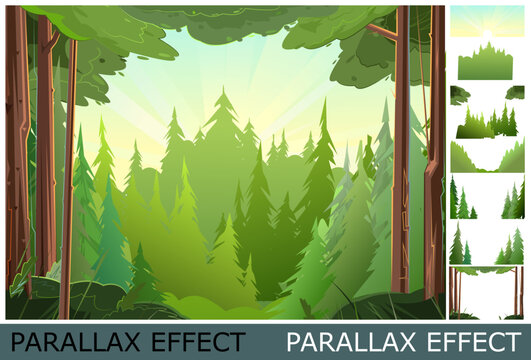 View of thick taiga. Image from layers for overlay with parallax effect. Beautiful pine forest. Wild floral landscape. Illustration in cartoon style flat design. Vector.