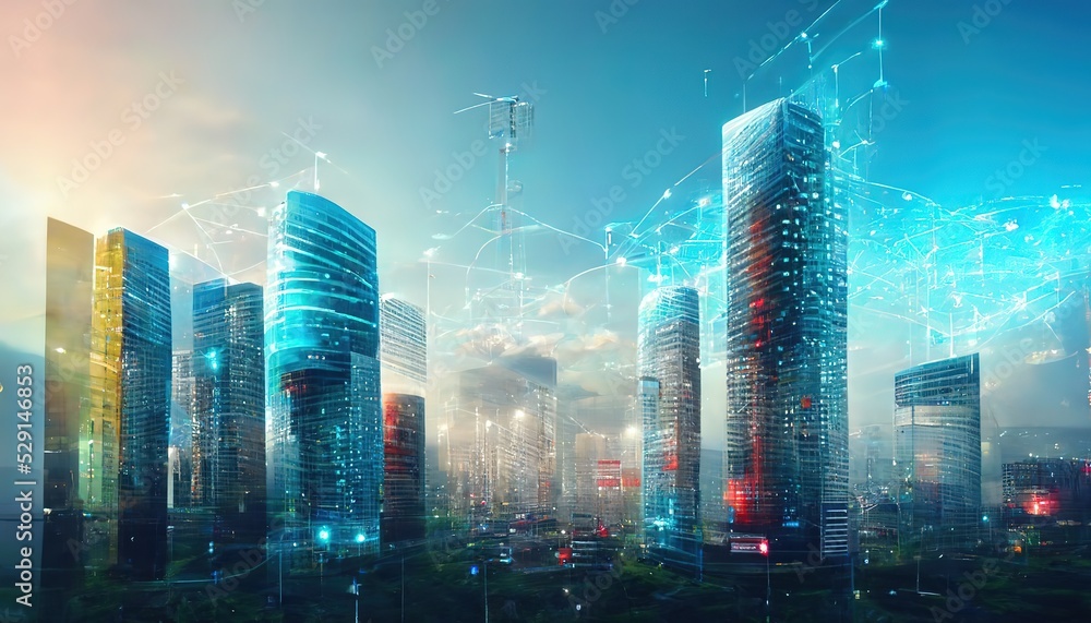 Aufkleber Digital communication network and skyscrapers in downtown