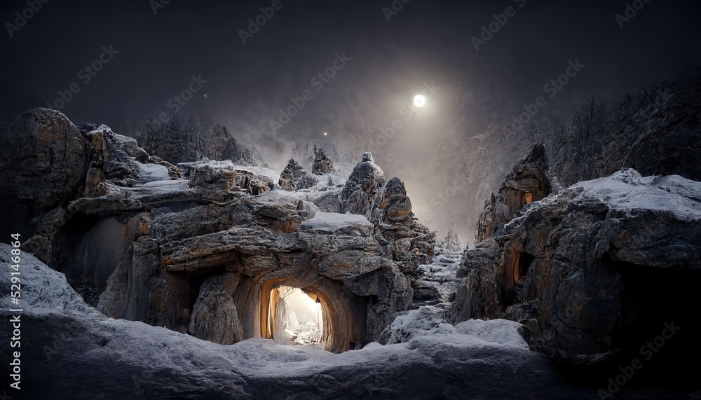 Poster building of large rocks with light door in snowy village