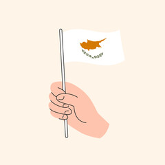 Cartoon Hand Holding Cypriot Flag. The Flag of Cyprus, Concept Illustration. Flat Design Isolated Vector.
