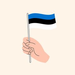 Cartoon Hand Holding Estonian Flag. The Flag of Estonia, Concept Illustration. Flat Design Isolated Vector.