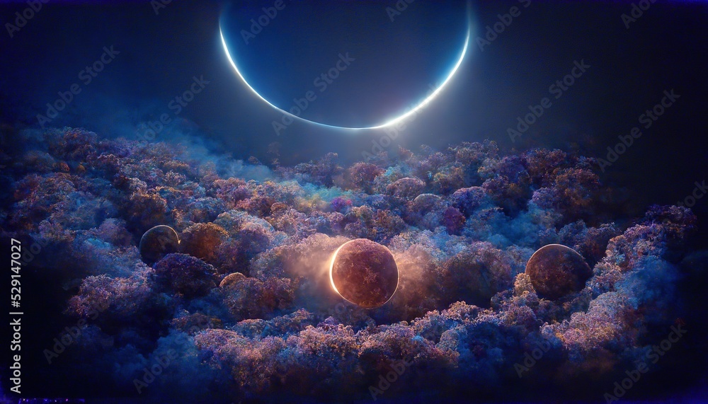 Poster fluffy clouds and balls in dark sky during eclipse