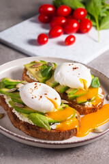 Two avocado open sandwiches with egg. Keto and diet concept. Healthy toast food for breakfast.