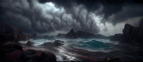 Stormy ocean and steep wet rocks against heavy grey clouds - obrazy, fototapety, plakaty