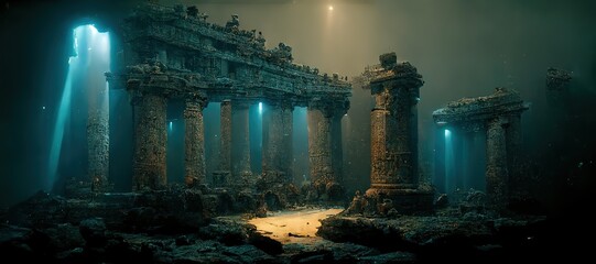 Old temple ruins with weathered columns on sea bottom