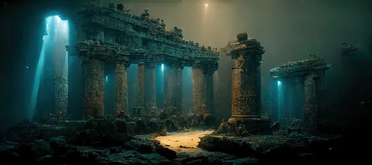 Crédence de cuisine en verre imprimé Lieu de culte Ruines du vieux temple avec des colonnes patinées sur le fond de la mer
