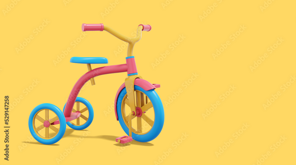 Aufkleber 3d rendering. multicolored tricycle on yellow background with space for text. vehicle.