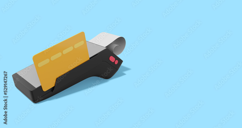 Aufkleber device for nfc pay. gray black pos terminal with credit card and check. modern machine for cashless 