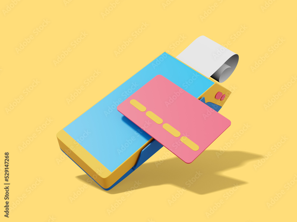 Poster modern machine for cashless payment. colorful pos terminal with credit card and check. device for nf