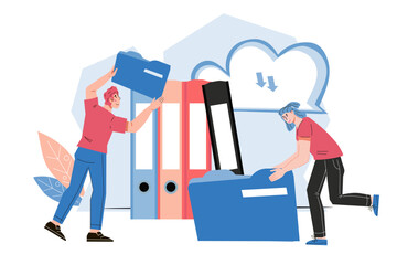 Business team add files to big folder and cloud server. Storage and indexing of information, data archive, cartoon flat vector illustration isolated on white background.