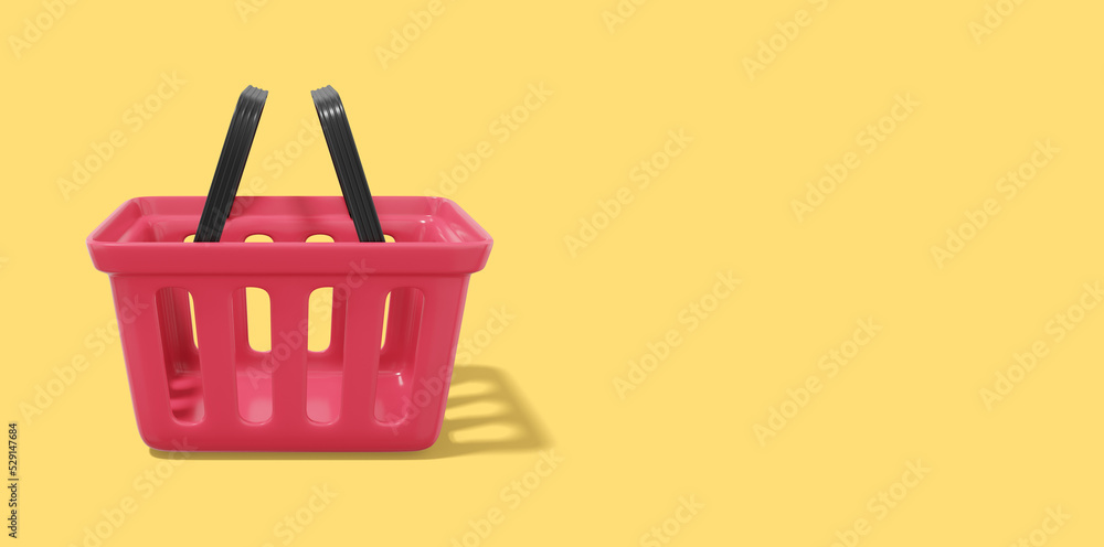 Poster empty red shopping basket. plastic basket on yellow background with space for text. 3d rendering.