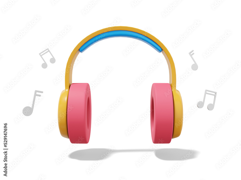 Poster 3d rendering. multicolored headphones with music notes on white background. front view.