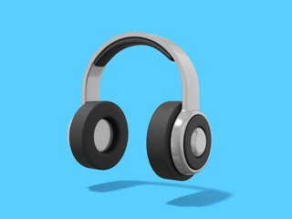 3d rendering. Realistic gray headphones on blue background.