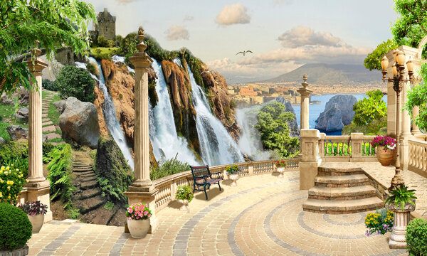 Picturesque landscape, view from the terrace to the mountain waterfall with an old castle. Photo wallpapers. The fresco.