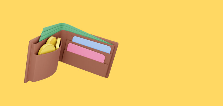 Open wallet with coins, bills and credit cards floating on yellow background, space for text banner. 3d rendering