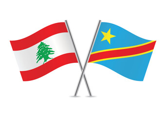 Lebanon and the Democratic Republic of the Congo crossed flags. Lebanese and DR Congolese flags, isolated on white background. Vector icon set. Vector illustration.