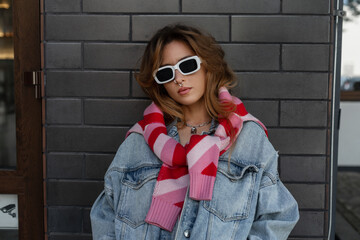 Stylish beautiful young hipster model woman with a nose piercing with cool white sunglasses in fashion urban clothing with jeans jacket and pink sweatshirt standing near the black wall on the street - Powered by Adobe