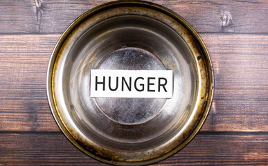The word HUNGER on a piece of paper in a metal plate, saucepan on a wooden table. Hunger concept.
