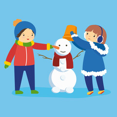 children make a snowman on a blue background