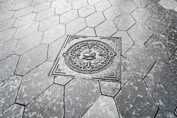 The cover of a sewer manhole on the pavement, with the inscription 