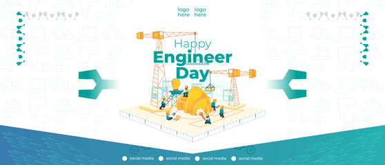 LANDSCAPE BANNER ENGINEER DAY DESIGN WITH TEAM WORK CHARACTER AND BUILDING 