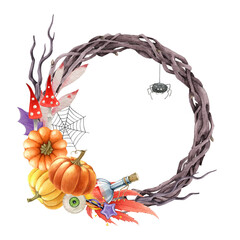 Halloween vine wreath with pumpkins. Watercolor illustration. Hand drawn halloween spooky decor with pumpkin, spider, web, potion, toadstool and leaves. White background