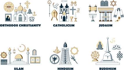 A set of concepts on the theme of religions. Christianity, Islam, Judaism, Hinduism, Buddhism.