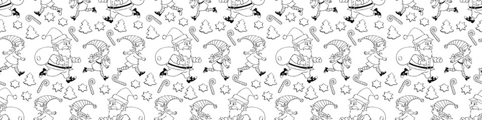 Vector seamless pattern with outline Santa Claus and his Christmas elves. New year Xmas backgrounds and textures. For greeting cards, wrapping paper, packaging, textile, fabric, prints.