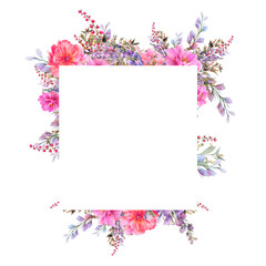 Pink and purple flowers banner. Watercolor floral frame