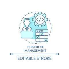 IT project management turquoise concept icon. Creating software and applications abstract idea thin line illustration. Isolated outline drawing. Editable stroke. Arial, Myriad Pro-Bold fonts used
