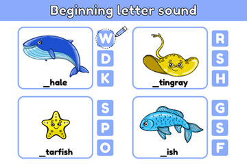 Cards matching educational game of beginning letter sound for kids. Worksheet for preschool with cute cartoon sea animals. Vector illustration.