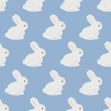 Rabbits. Seamless pattern with the image of white rabbits. Hares with white fur. Rabbit pattern for print and packaging on a blue background. Vector illustration