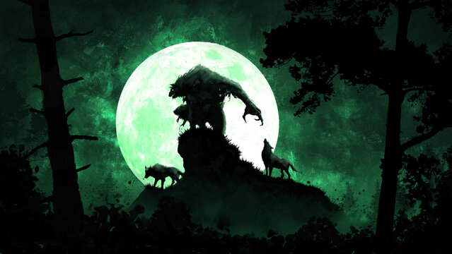 A werewolf stands on a rock with two wolves against the backdrop of the moon. 2d illustration.