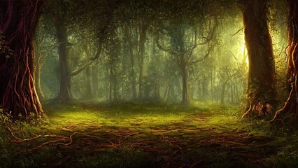 Fantasy fairy-tale magical forest, sunny evening light through the branches of trees. Magical trees in a wooded area. Haze at sunset, plants, moss and grass in the forest. 3d illustration - obrazy, fototapety, plakaty