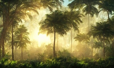 Beautiful magical palm, fabulous trees. Palm Forest jungle landscape, sun rays illuminate the leaves and branches of trees. Magical summer. 3d illustration