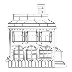 Two-storey building with a porch, fence and chimney in doodle style