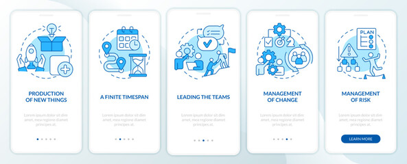 Fototapeta na wymiar Project management blue onboarding mobile app screen. Organization walkthrough 5 steps editable graphic instructions with linear concepts. UI, UX, GUI template. Myriad Pro-Bold, Regular fonts used