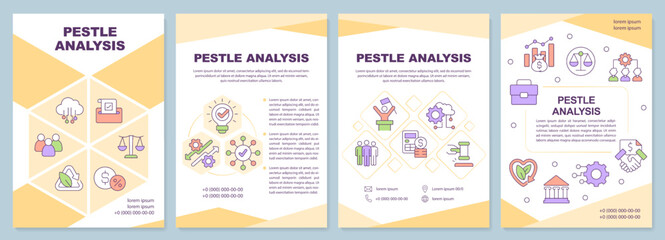 Fototapeta na wymiar PESTLE analysis yellow brochure template. Management tool. Leaflet design with linear icons. Editable 4 vector layouts for presentation, annual reports. Arial-Black, Myriad Pro-Regular fonts used