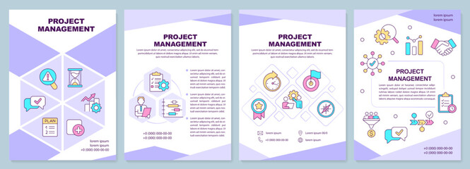 Fototapeta na wymiar Project management purple brochure template. Development. Leaflet design with linear icons. Editable 4 vector layouts for presentation, annual reports. Arial-Black, Myriad Pro-Regular fonts used