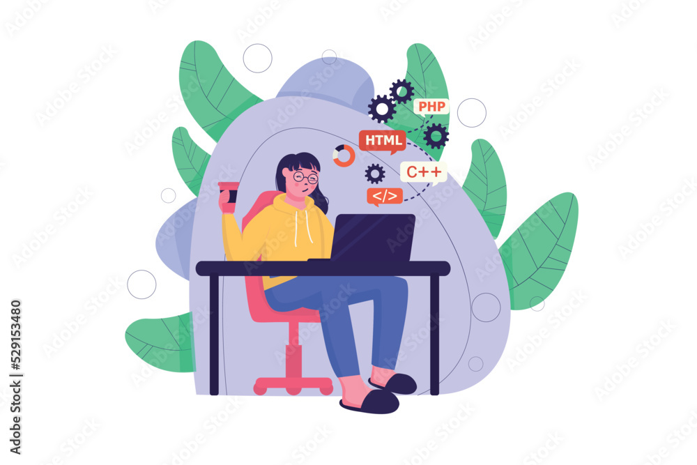 Poster programmer coding concept with people scene in the flat cartoon design. programmer with a cup of cof